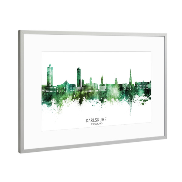 Poster mit Rahmen Silber "Karlsruhe Skyline Green Name" artboxONE - Städte