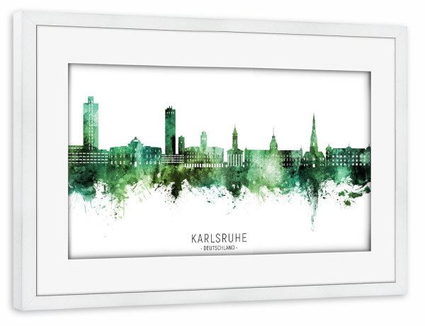 Poster mit Rahmen weiß "Karlsruhe Skyline Green Name" artboxONE - Städte