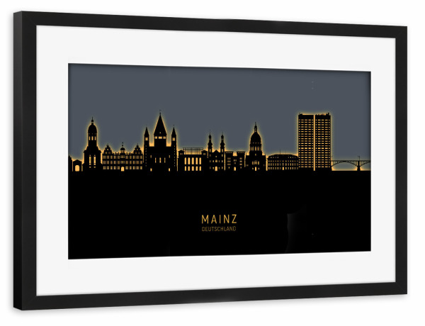 Poster mit Rahmen schwarz "Mainz Germany Skyline Glow Orange" artboxONE - Städte,Schwarzweiß
