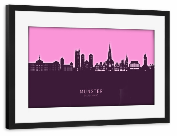 Poster mit Rahmen schwarz "Münster Germany Skyline Glow Pink" artboxONE - Städte
