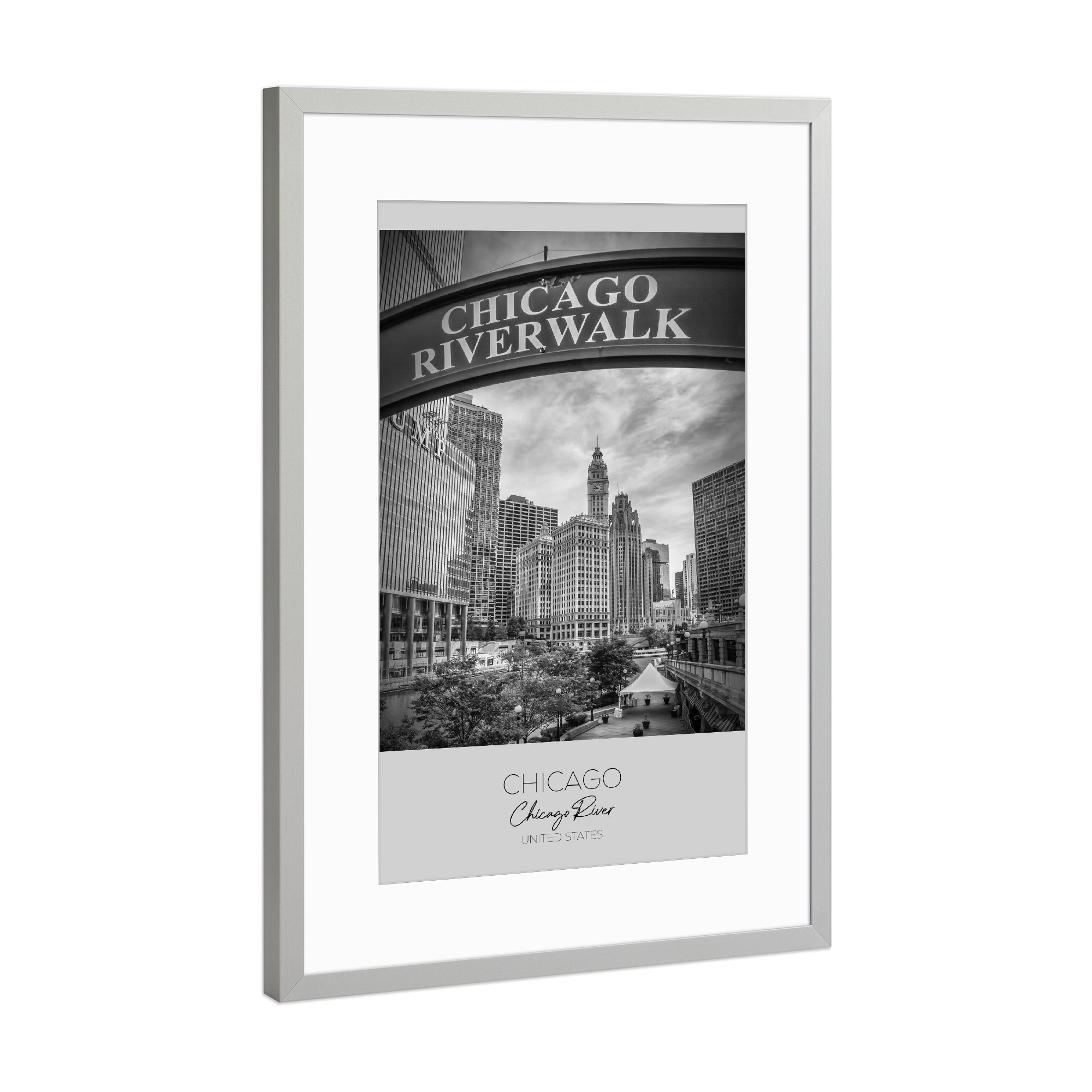 Poster mit Rahmen Silber "Im Fokus: CHICAGO Riverwalk" artboxONE - Schwarzweiß,Architektur,Städte / Chicago