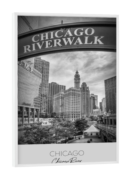Poster mit weißem Rahmen "Im Fokus: CHICAGO Riverwalk" artboxONE - Schwarzweiß,Architektur,Städte / Chicago