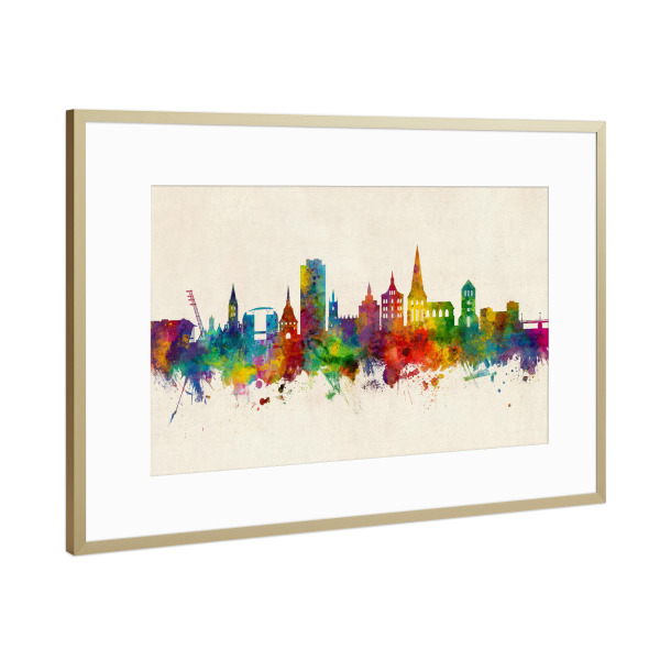 Poster mit Rahmen Gold "Rostock Germany Skyline Urban" artboxONE - Städte