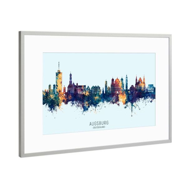 Poster mit Rahmen Silber "Augsburg Skyline BlueOrange" artboxONE - Städte