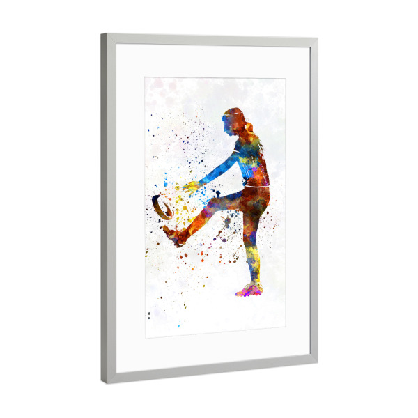 Poster mit Rahmen Silber "Watercolor female rugby" artboxONE - Sport - Sport,Sports,Watercolor,Athlete,Rugby,Female,Ball,Player,Woman,Girl