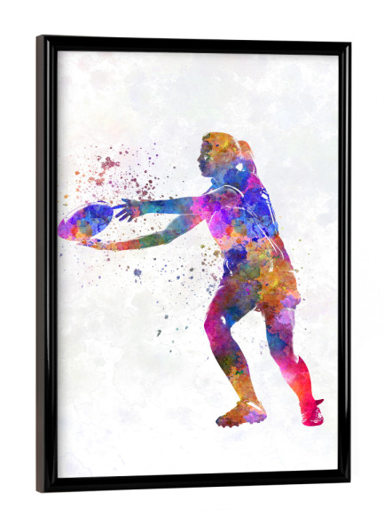 Poster mit schwarzem Rahmen "Watercolor female rugby-b" artboxONE - Sport - Sport,Sports,Watercolor,Athlete,Rugby,Female,Ball,Player