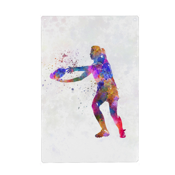 Metall Poster "Watercolor female rugby-b" artboxONE - Sport - Sport,Sports,Watercolor,Athlete,Rugby,Female,Ball,Player - Blechschild