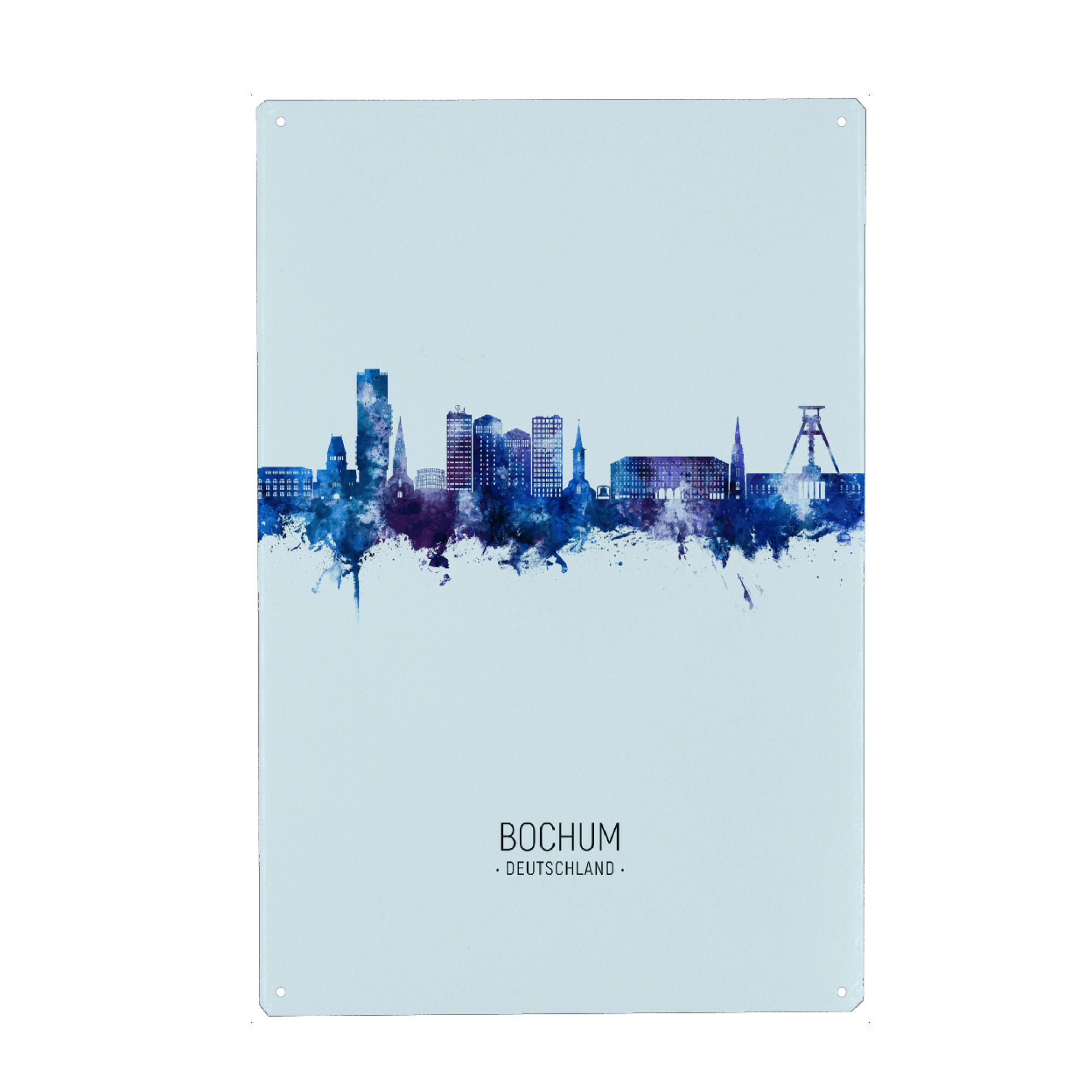 Holzbild "Bochum Germany Skyline Dark Blue" artboxONE - Städte - Bochum,Deutschland,Skyline,Cityscape,Stadtbild,Watercolor,Painting,City,Stadt,Germany