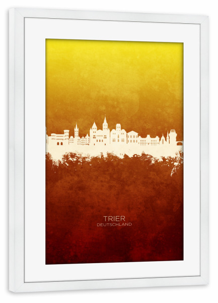 Poster mit Rahmen weiß "Trier Germany Skyline RedYellow" artboxONE - Städte