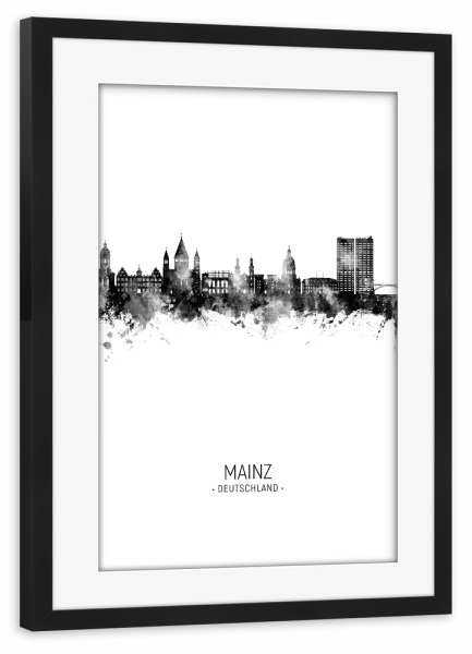 Poster mit Rahmen schwarz "Mainz Germany Skyline BW" artboxONE - Städte,Schwarzweiß
