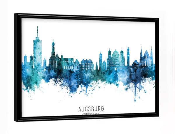 Poster mit schwarzem Rahmen "Augsburg Skyline Blue Name" artboxONE - Städte