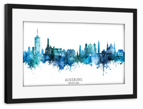 Poster mit Rahmen schwarz "Augsburg Skyline Blue Name" artboxONE - Städte