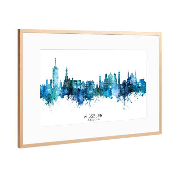 Poster mit Rahmen Kupfer "Augsburg Skyline Blue Name" artboxONE - Städte