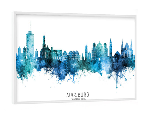 Poster mit weißem Rahmen "Augsburg Skyline Blue Name" artboxONE - Städte