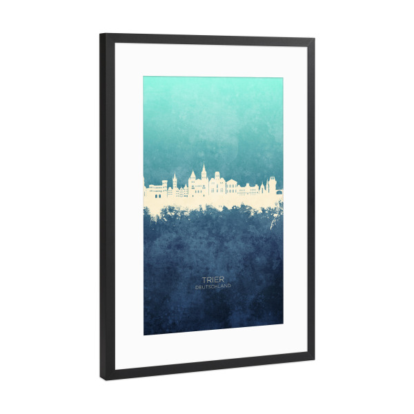 Poster mit Rahmen Schwarz (Metallic) "Trier Germany Skyline NavyCyan" artboxONE - Städte