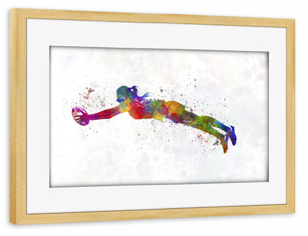 Poster mit Rahmen kiefer "Watercolor female rugby-c" artboxONE - Sport - Sport,Sports,Watercolor,Athlete,Rugby,Female,Ball,Player,Woman,Girl