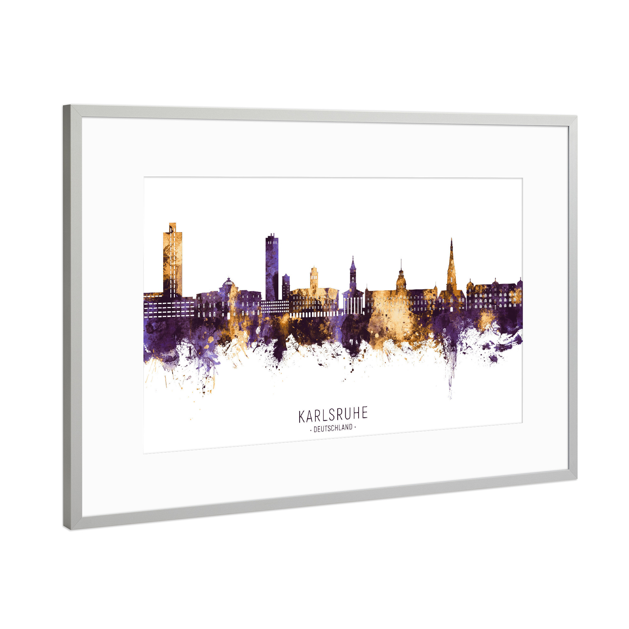 Poster mit Rahmen Silber "Karlsruhe Skyline PurpleGold" artboxONE - Städte