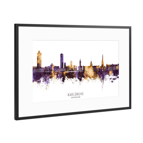 Poster mit Rahmen Schwarz (Metallic) "Karlsruhe Skyline PurpleGold" artboxONE - Städte
