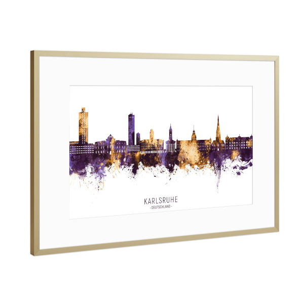 Poster mit Rahmen Gold "Karlsruhe Skyline PurpleGold" artboxONE - Städte