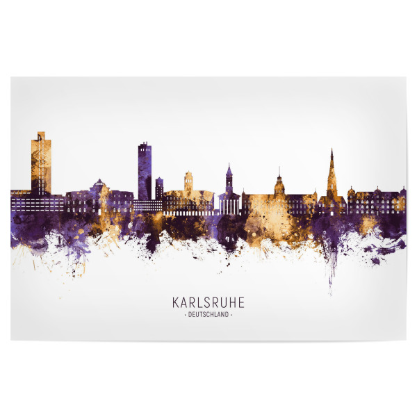 Poster "Karlsruhe Skyline PurpleGold" artboxONE - Städte - Karlsruhe,Deutschland,Skyline,Cityscape,Stadtbild,Watercolor,Painting,City,Stadt,Germany