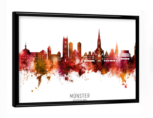 Poster mit schwarzem Rahmen "Münster Germany Skyline Red Name" artboxONE - Städte