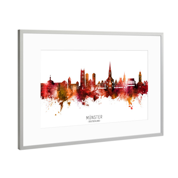 Poster mit Rahmen Silber "Münster Germany Skyline Red Name" artboxONE - Städte