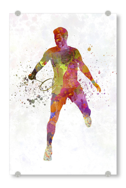 Acrylglasbild "Badminton player in watercolor" artboxONE - Sport - Sport,Sports,Watercolor,Athlete,Fitness,Badminton,Player,Ball,Racket