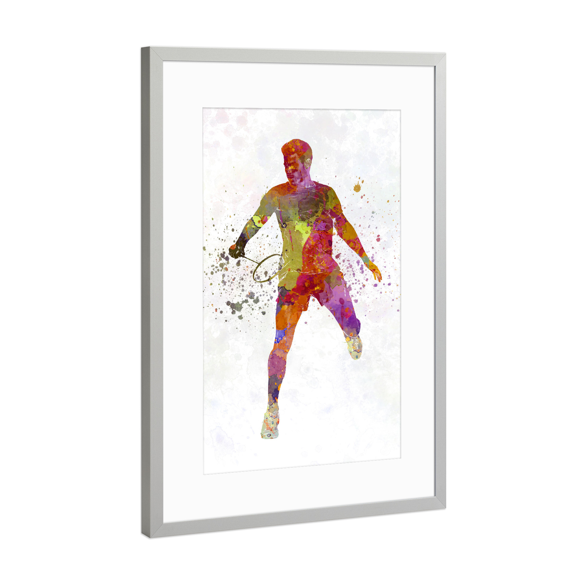 Poster mit Rahmen Silber "Badminton player in watercolor" artboxONE - Sport - Sport,Sports,Watercolor,Athlete,Fitness,Badminton,Player,Ball,Racket