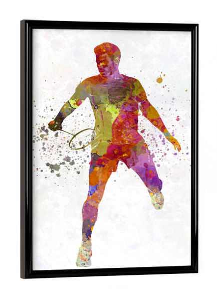Poster mit schwarzem Rahmen "Badminton player in watercolor" artboxONE - Sport - Sport,Sports,Watercolor,Athlete,Fitness,Badminton,Player,Ball,Racket