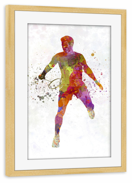 Poster mit Rahmen kiefer "Badminton player in watercolor" artboxONE - Sport - Sport,Sports,Watercolor,Athlete,Fitness,Badminton,Player,Ball,Racket
