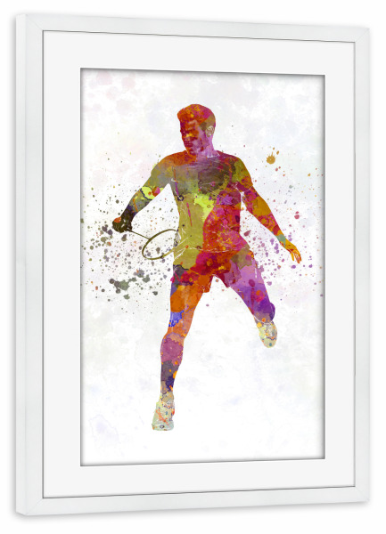 Poster mit Rahmen weiß "Badminton player in watercolor" artboxONE - Sport - Sport,Sports,Watercolor,Athlete,Fitness,Badminton,Player,Ball,Racket