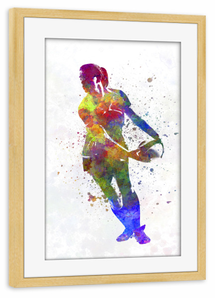 Poster mit Rahmen kiefer "Watercolor female rugby-d" artboxONE - Sport - Sport,Sports,Watercolor,Athlete,Rugby,Female,Ball,Player,Woman,Girl