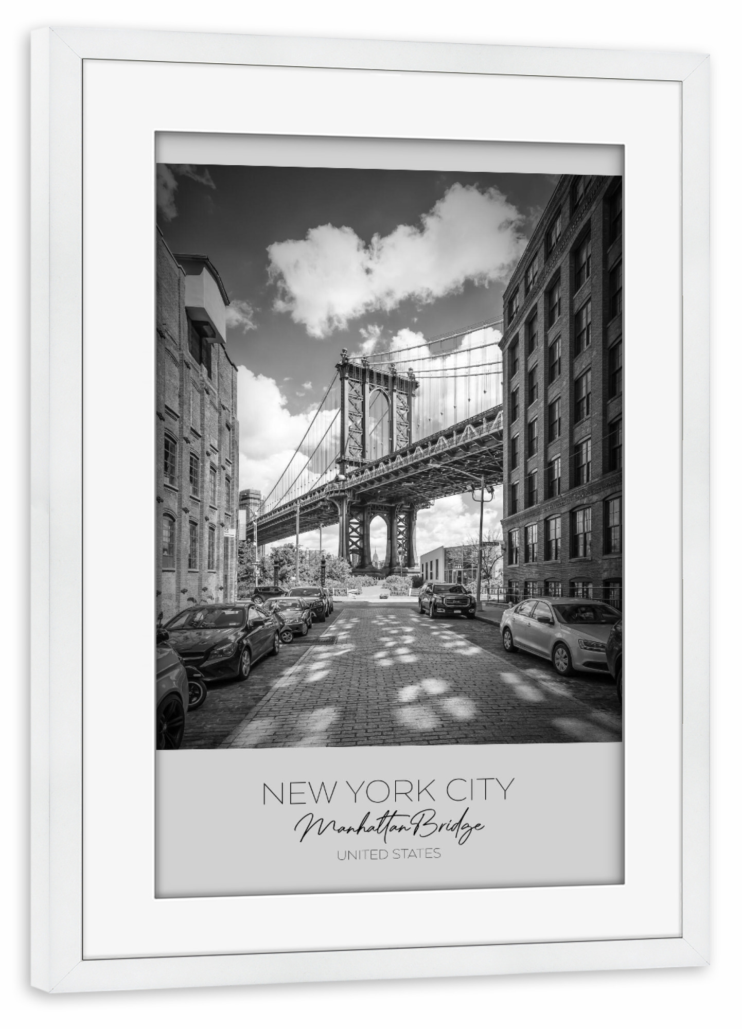 Poster mit Rahmen weiß "Im Fokus: NYC Manhattan Bridge" artboxONE - Städte / New York,Schwarzweiß,Architektur