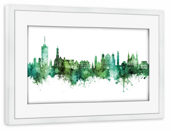 Poster mit Rahmen weiß "Augsburg Germany Skyline Green" artboxONE - Städte