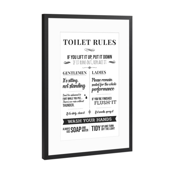 Poster mit Rahmen Schwarz (Metallic) "Toilet Rules" artboxONE - Typografie,Schwarzweiß,Buchstaben