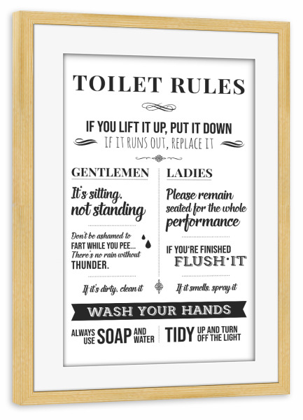 Poster mit Rahmen kiefer "Toilet Rules" artboxONE - Typografie,Schwarzweiß,Buchstaben