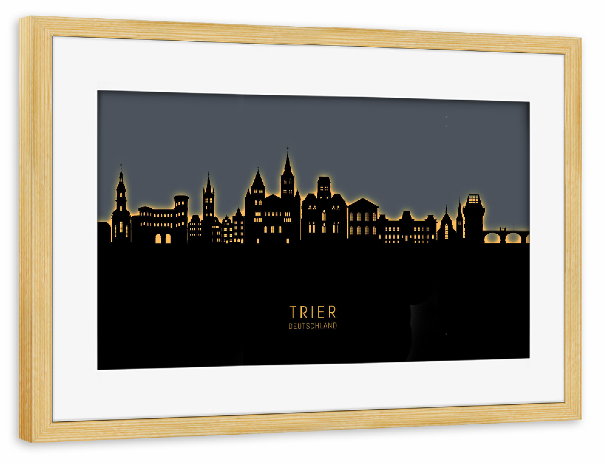 Poster mit Rahmen kiefer "Trier Germany Skyline Glow Orange" artboxONE - Städte
