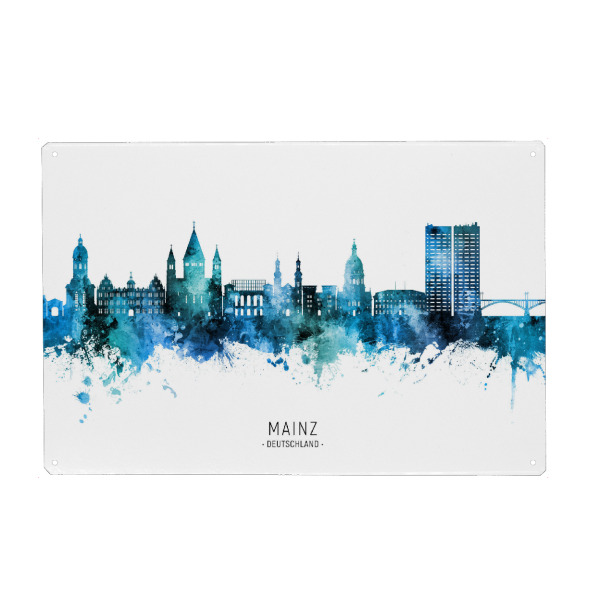 Metall Poster "Mainz Germany Skyline Blue Name" artboxONE - Städte