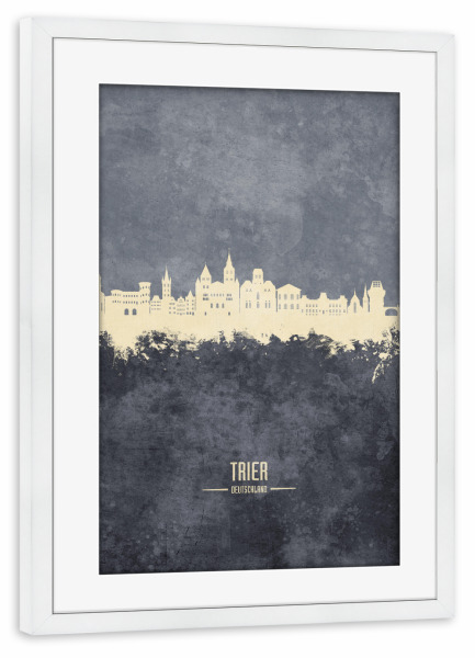Poster mit Rahmen weiß "Trier Germany Skyline Grey" artboxONE - Städte