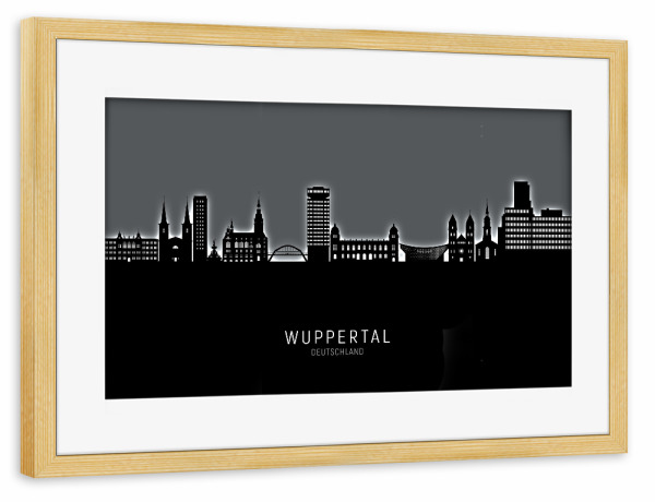 Poster mit Rahmen kiefer "Wuppertal Skyline Glow White" artboxONE - Städte,Schwarzweiß