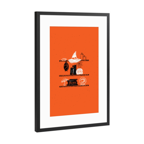 Poster mit Rahmen Schwarz (Metallic) "Halloween shelf orange" artboxONE - Essen & Trinken / Alkohol