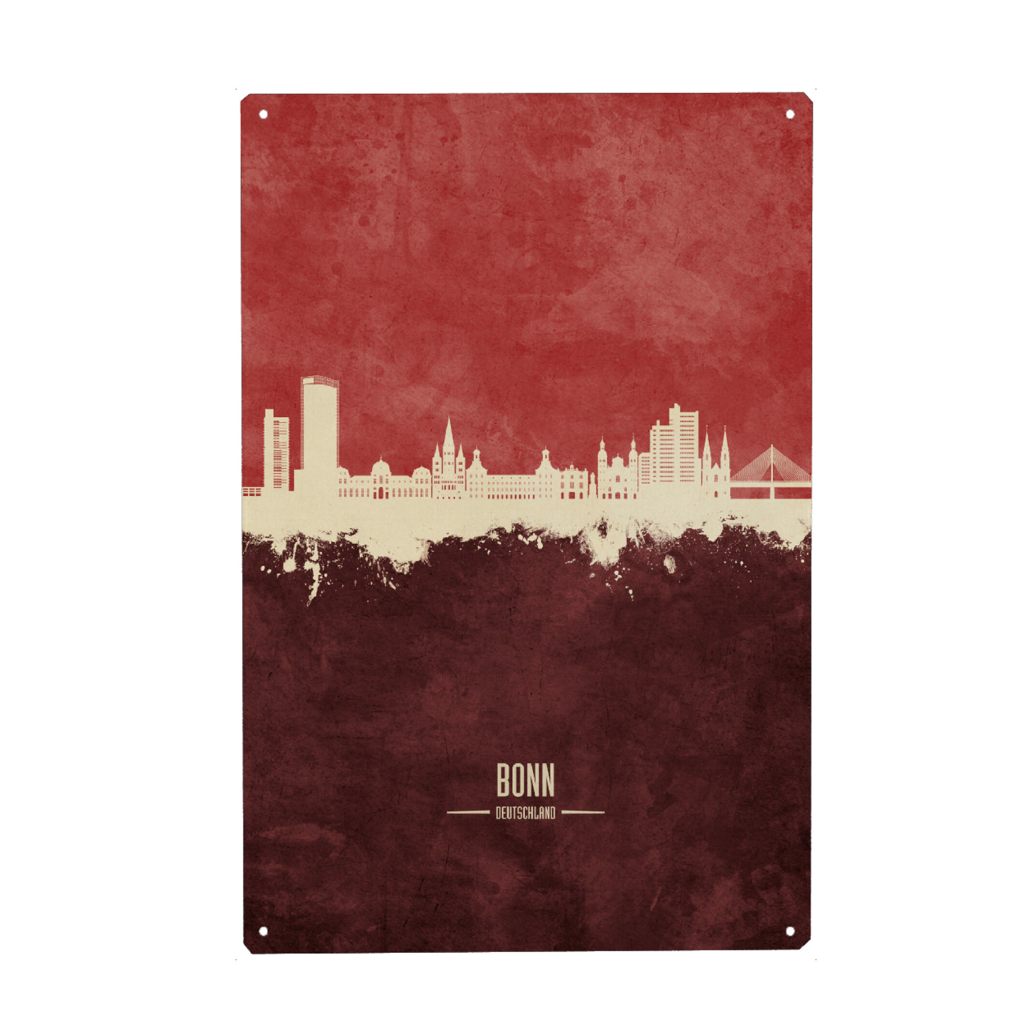 Holzbild "Bonn Germany Skyline Dark Red" artboxONE - Städte - Bonn,Deutschland,Skyline,Cityscape,Stadtbild,Watercolor,Painting,City,Stadt,Germany