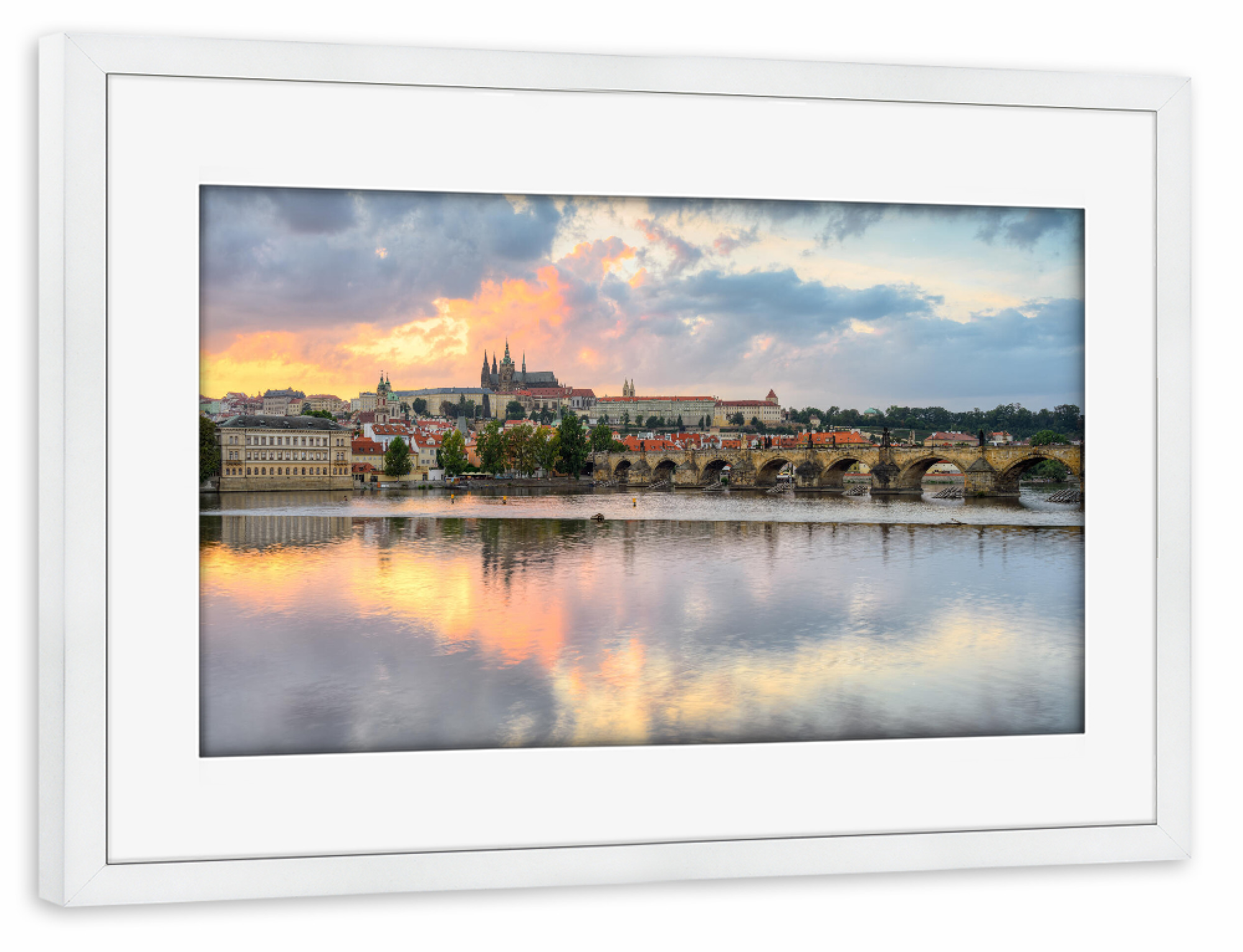 Poster mit Rahmen weiß "Prager Burg und Karlsbrücke" artboxONE - Reise,Architektur,Städte / Prag
