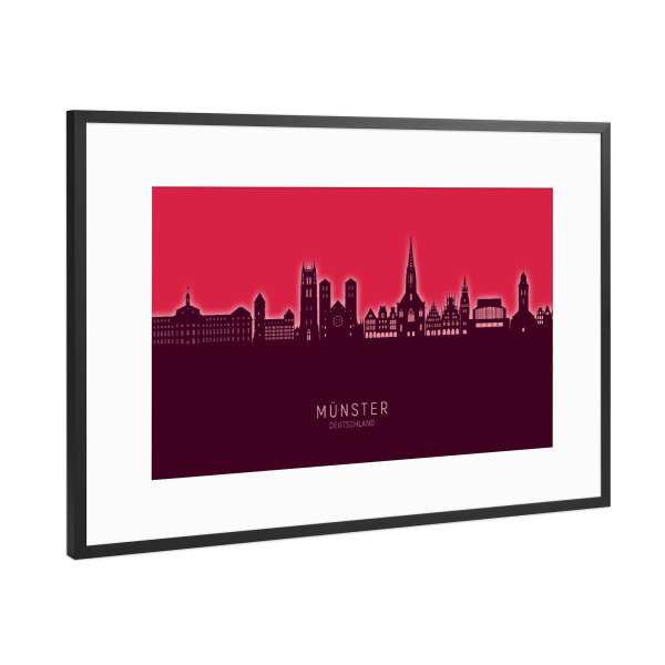 Poster mit Rahmen Schwarz (Metallic) "Münster Germany Skyline Glow Red" artboxONE - Städte