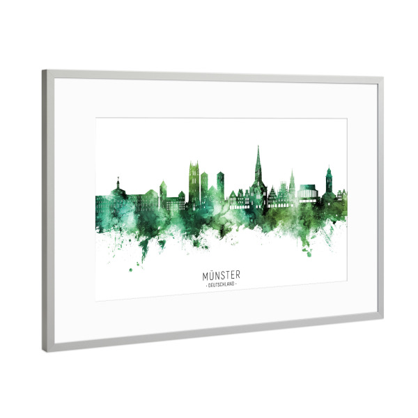 Poster mit Rahmen Silber "Münster Skyline Green Name" artboxONE - Städte
