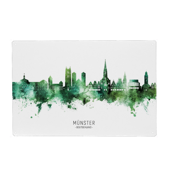Metall Poster "Münster Skyline Green Name" artboxONE - Städte - Münster,Deutschland,Skyline,Cityscape,Stadtbild,Watercolor,Painting,City,Stadt,Germany