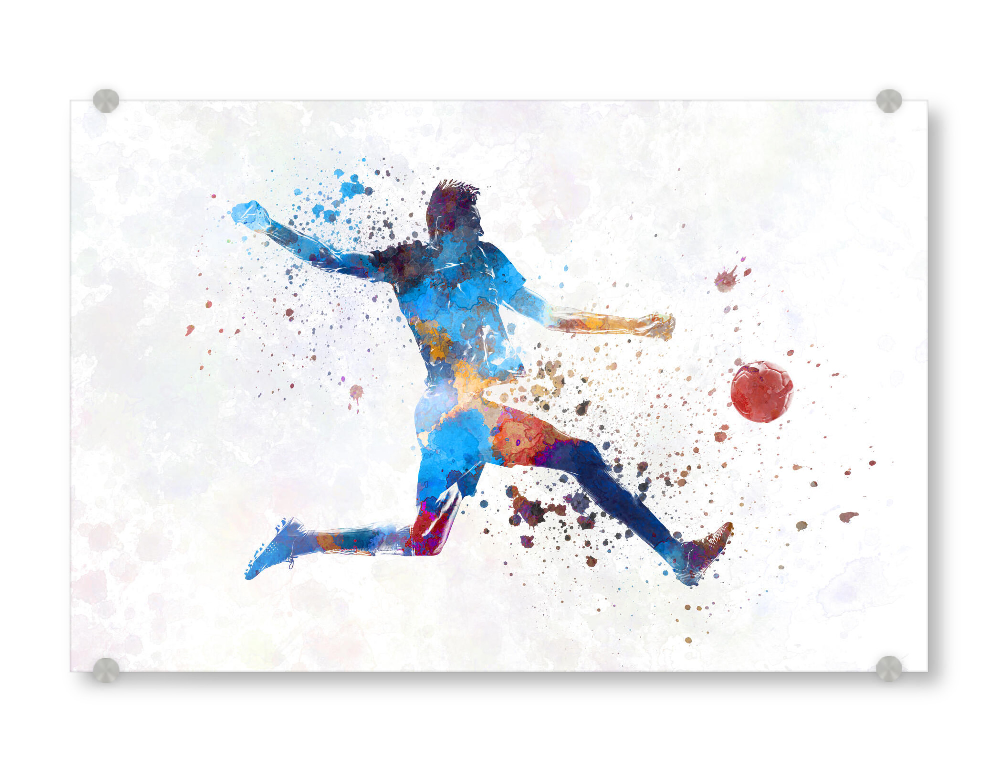 Acrylglasbild "Playing soccer in watercolor" artboxONE - Sport / Fußball - Sport,Sports,Watercolor,Footballer,Player,Soccer,Athlete,Ball,Goal