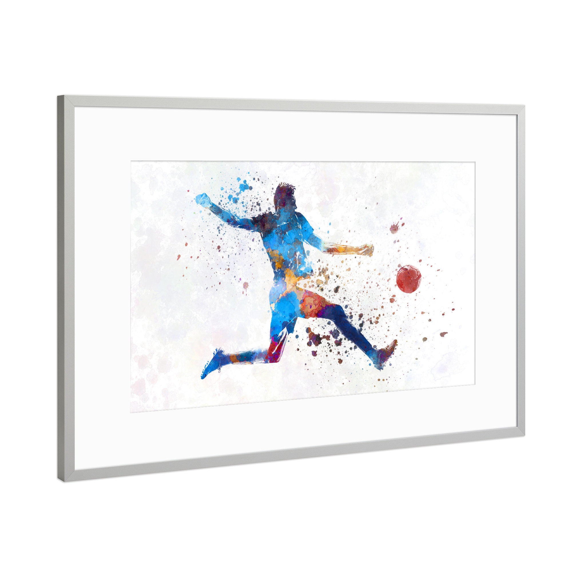 Poster mit Rahmen Silber "Playing soccer in watercolor" artboxONE - Sport / Fußball