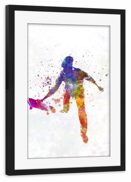 Poster mit Rahmen schwarz "Skater jumping in watercolor" artboxONE - Sport - Sport,Sports,Watercolor,Skater,Skating,Skateboard,Jump,Young