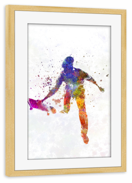 Poster mit Rahmen kiefer "Skater jumping in watercolor" artboxONE - Sport - Sport,Sports,Watercolor,Skater,Skating,Skateboard,Jump,Young